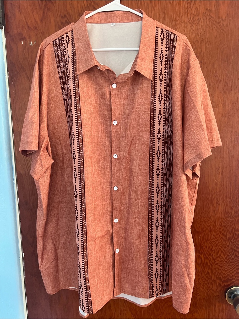 MEN’S SHEIN Rust Orange Short-Sleeve Button-Down Shirt with Tribal Stripe Panels